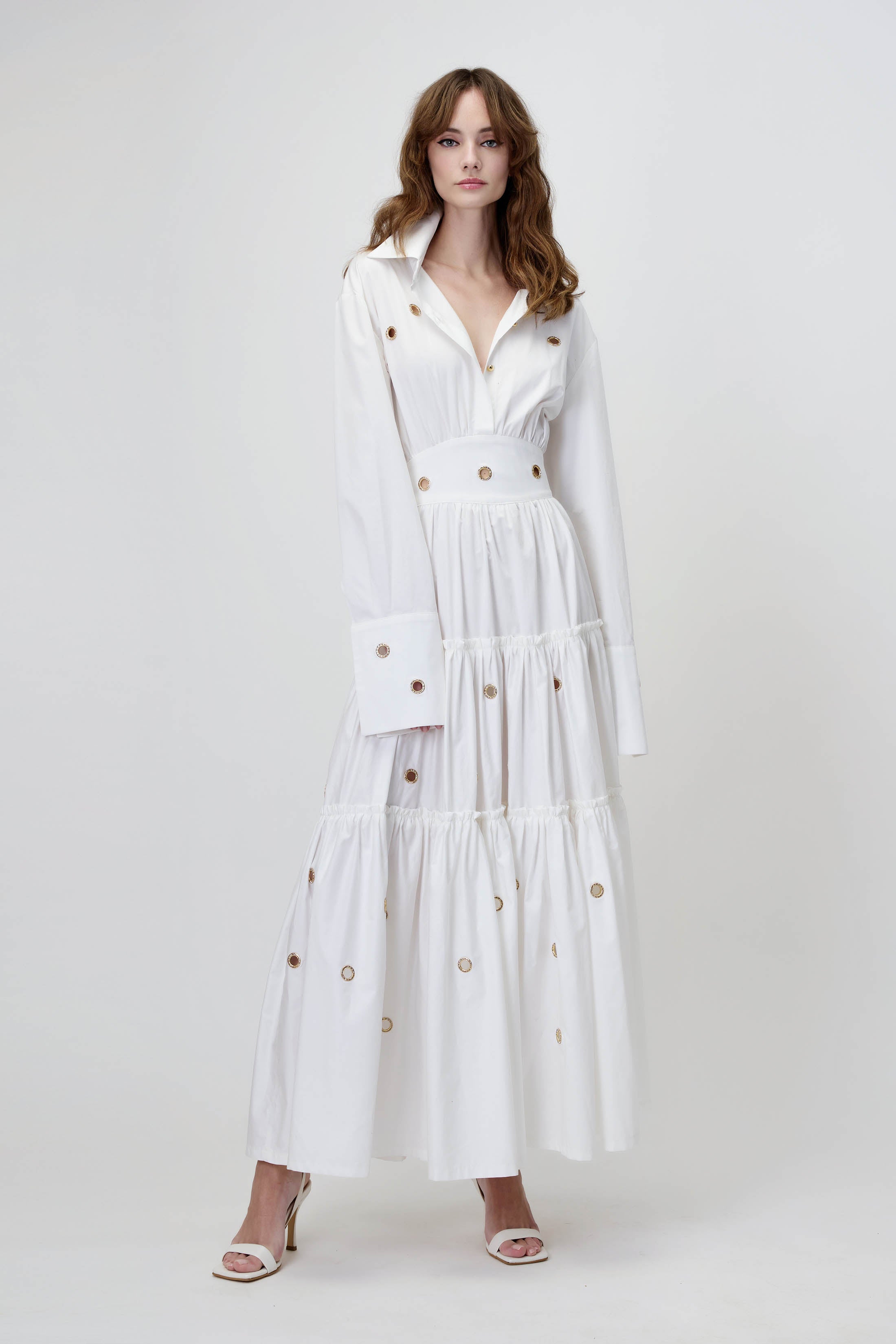 Poplin Maxi Dress with Gold Rings in White
