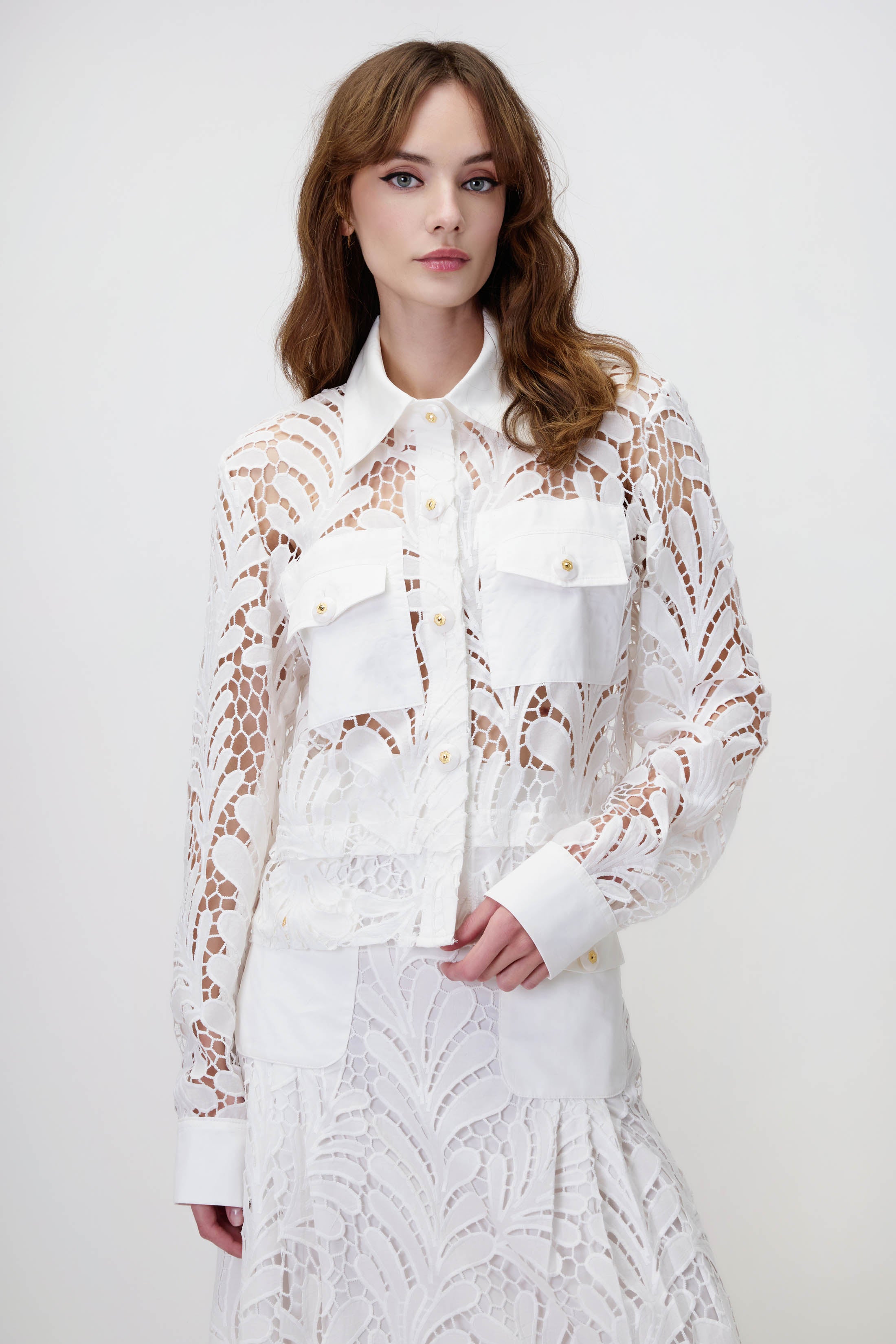Lace Shirt with Pockets in White