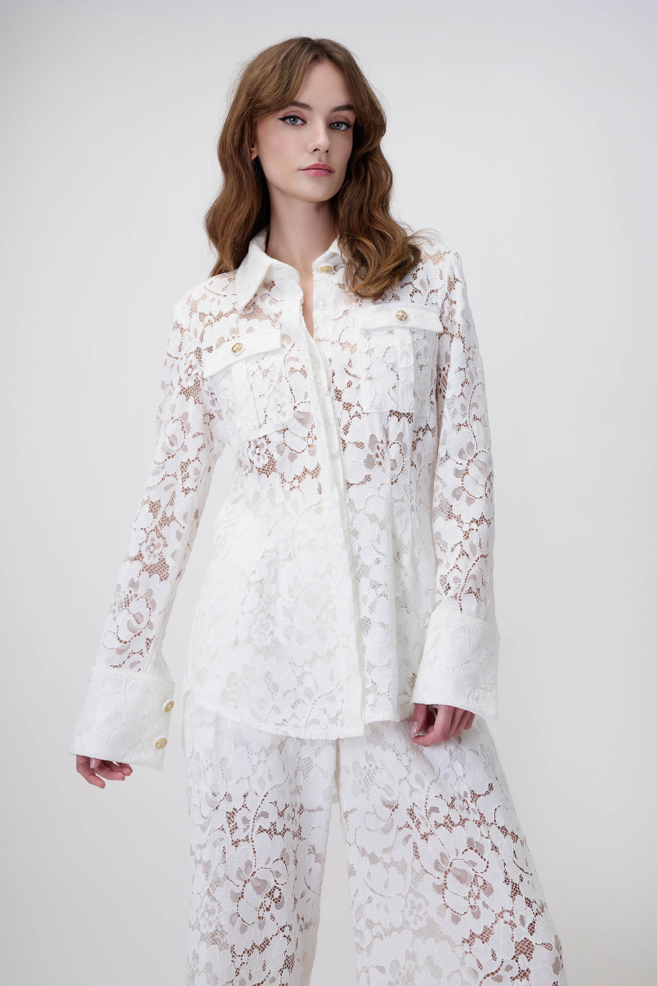 Lace Shirt with Pockets in White