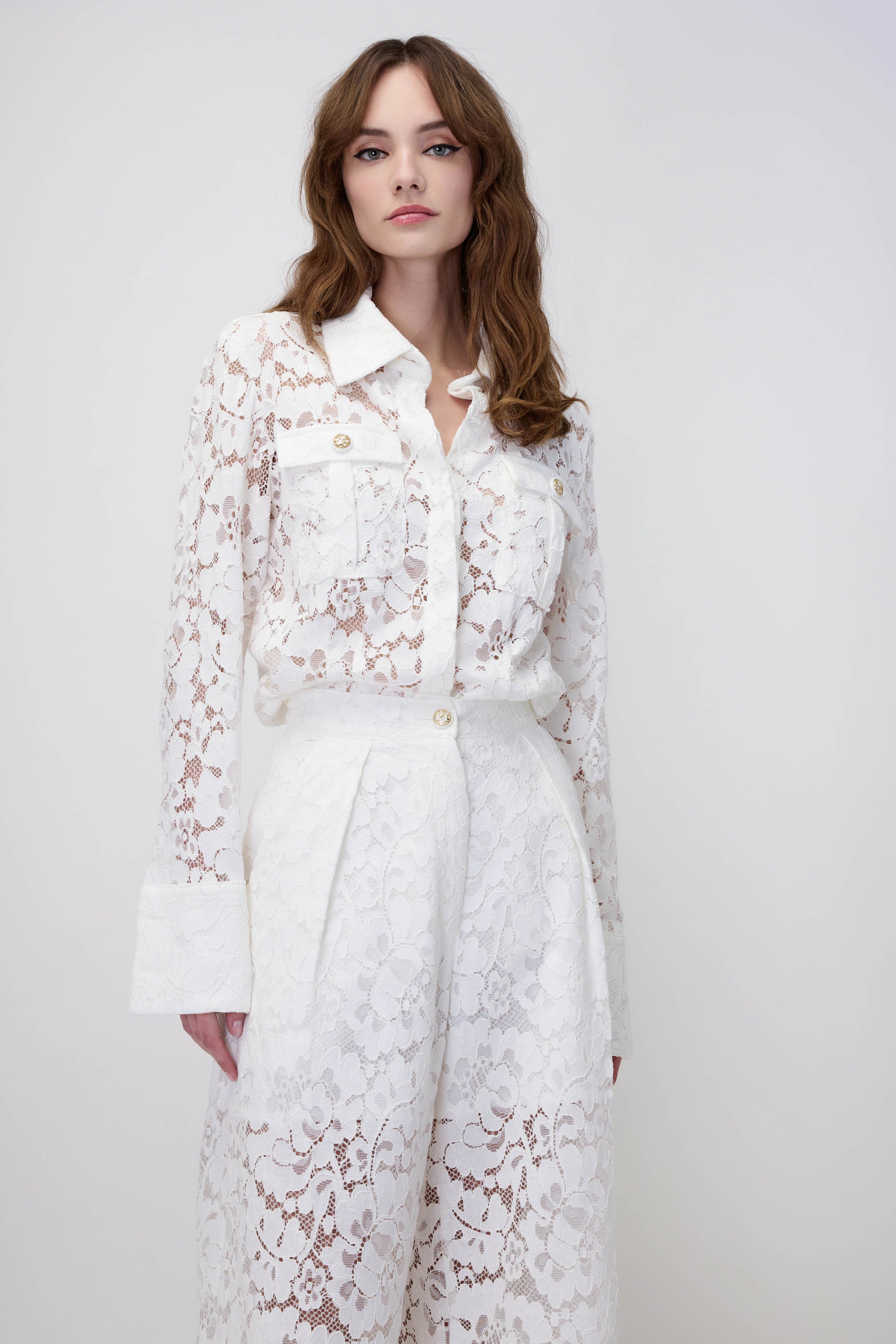 Lace Shirt with Pockets in White
