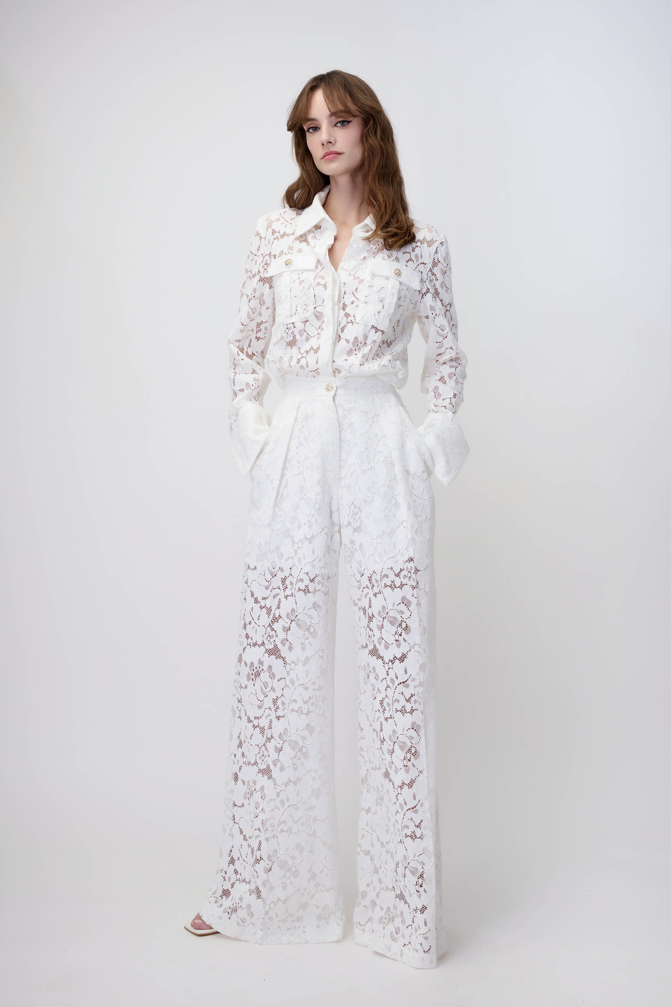 Lace Shirt with Pockets in White