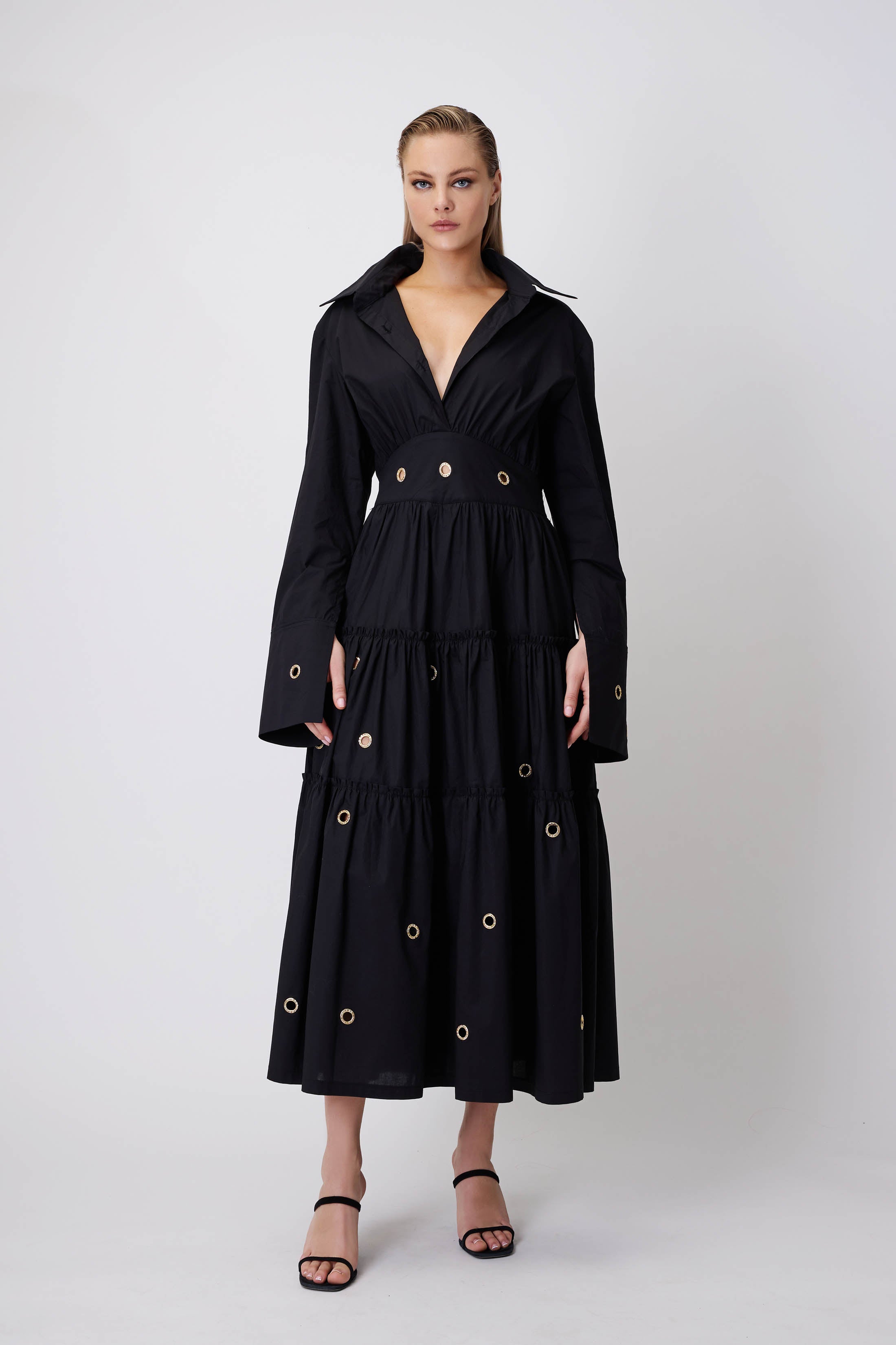 Poplin Maxi Dress with Gold Rings in Black