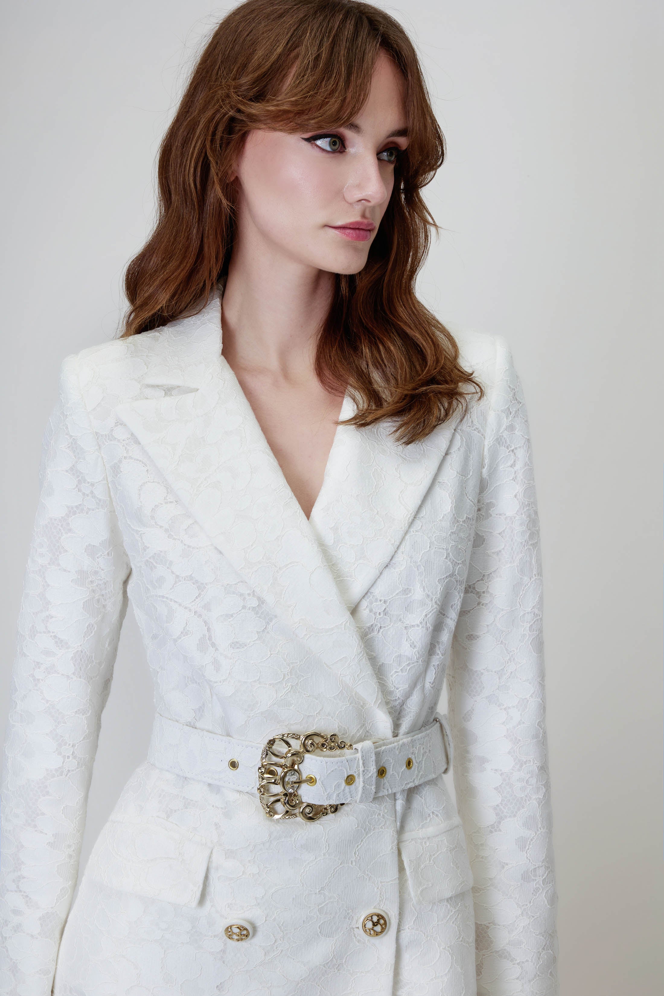 Lace Blazer Dress in White