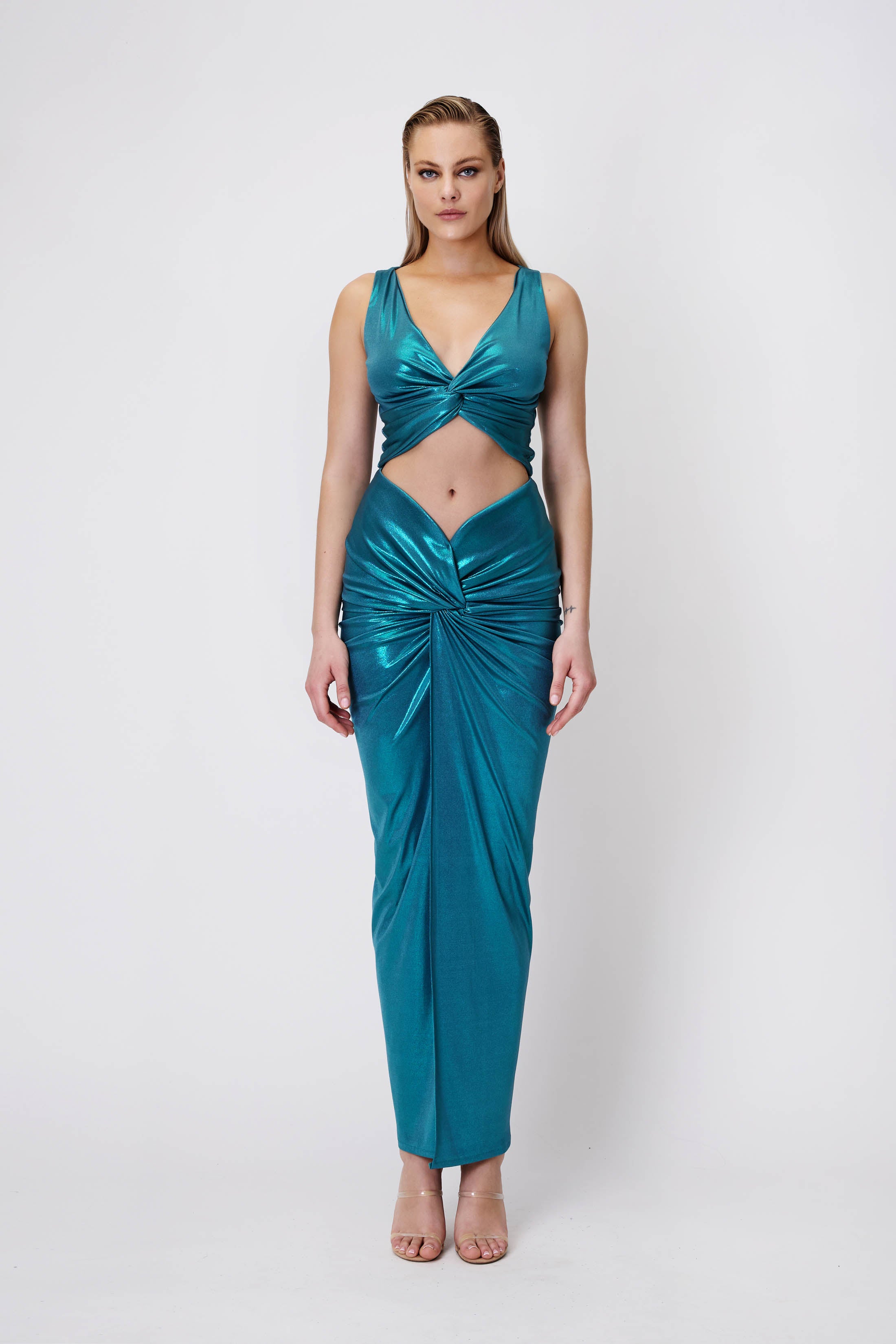 Top & Maxi Skirt Set in Metallic Jersey