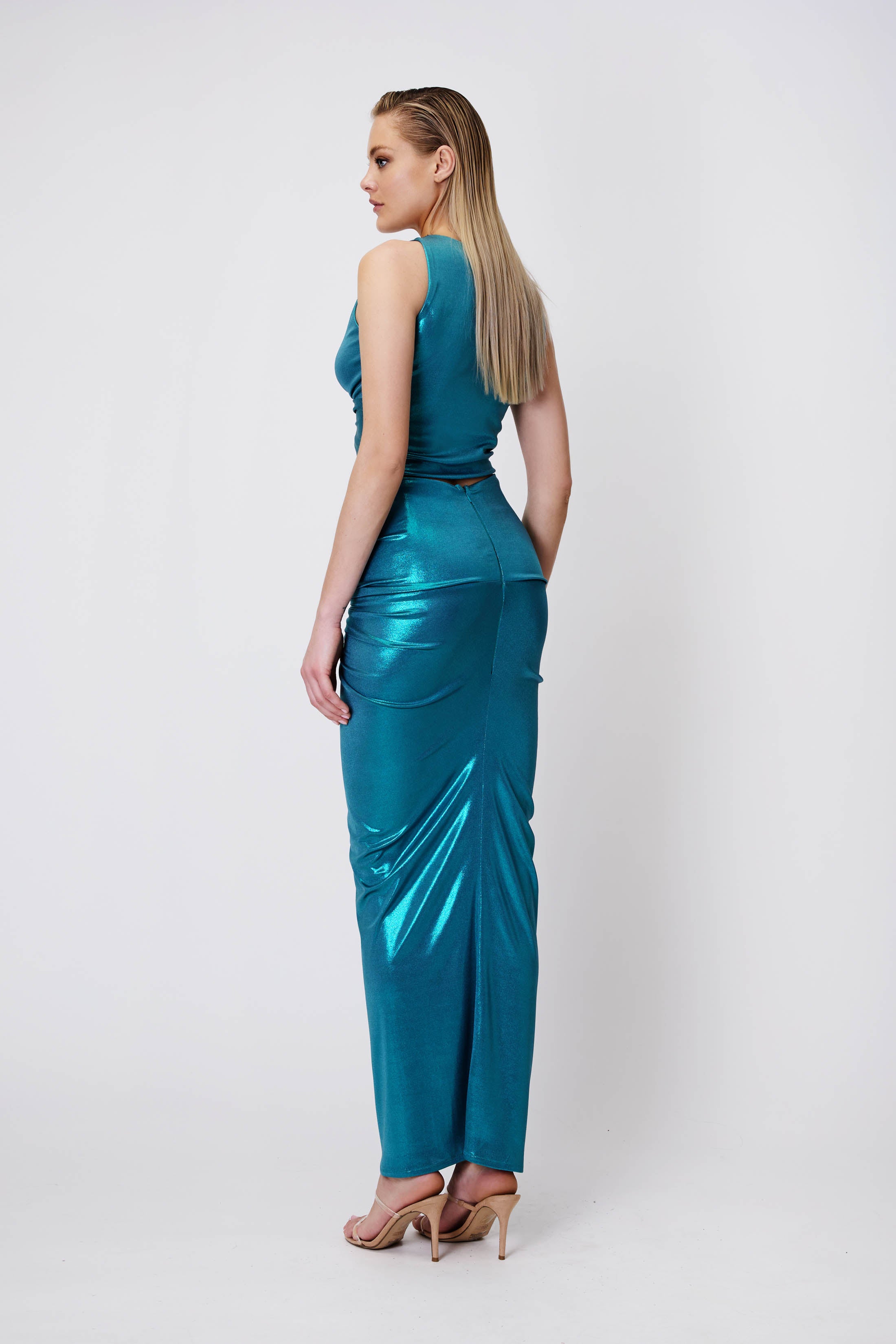Top & Maxi Skirt Set in Metallic Jersey