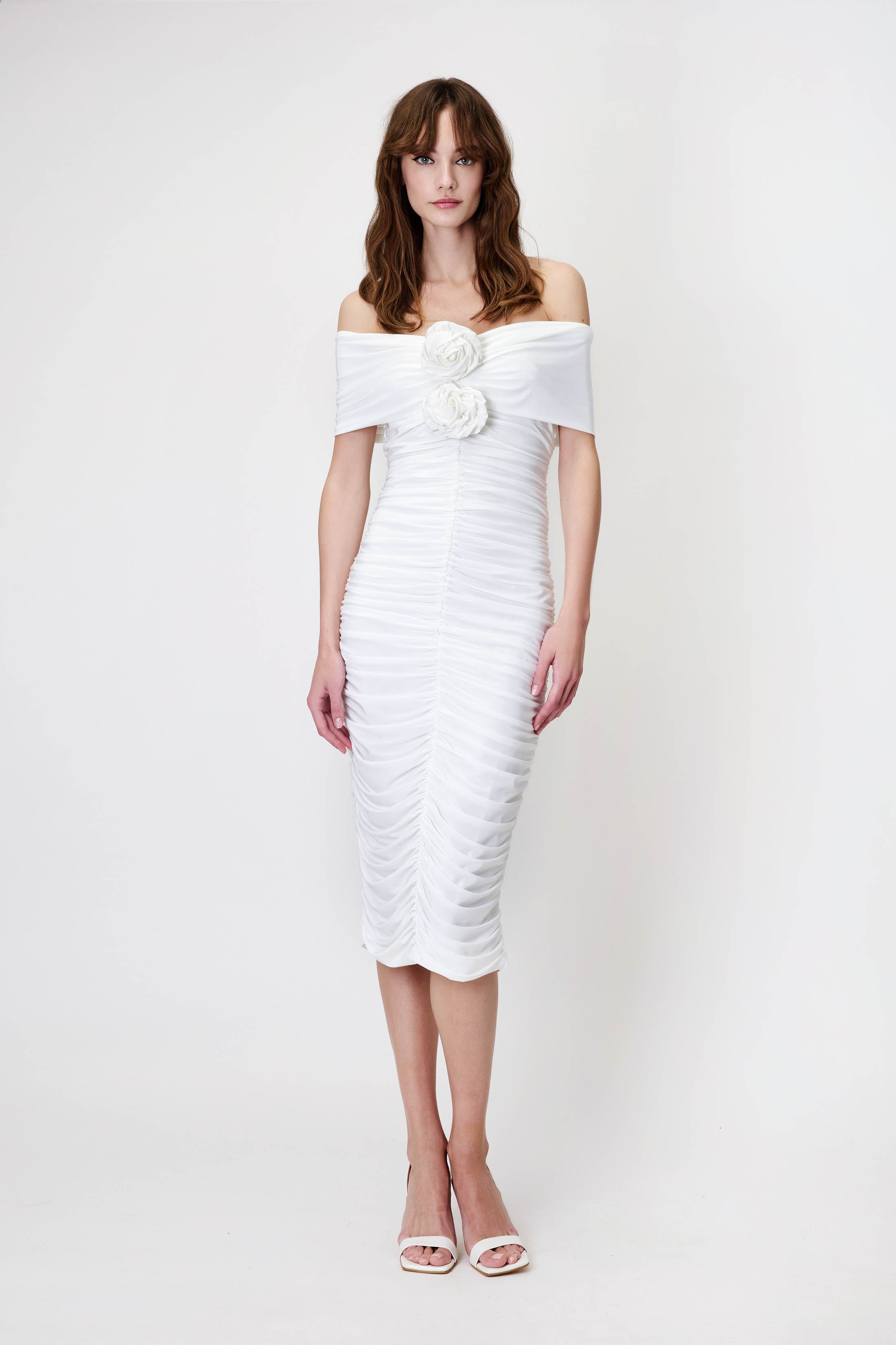 Bardot Dress with Rose in White