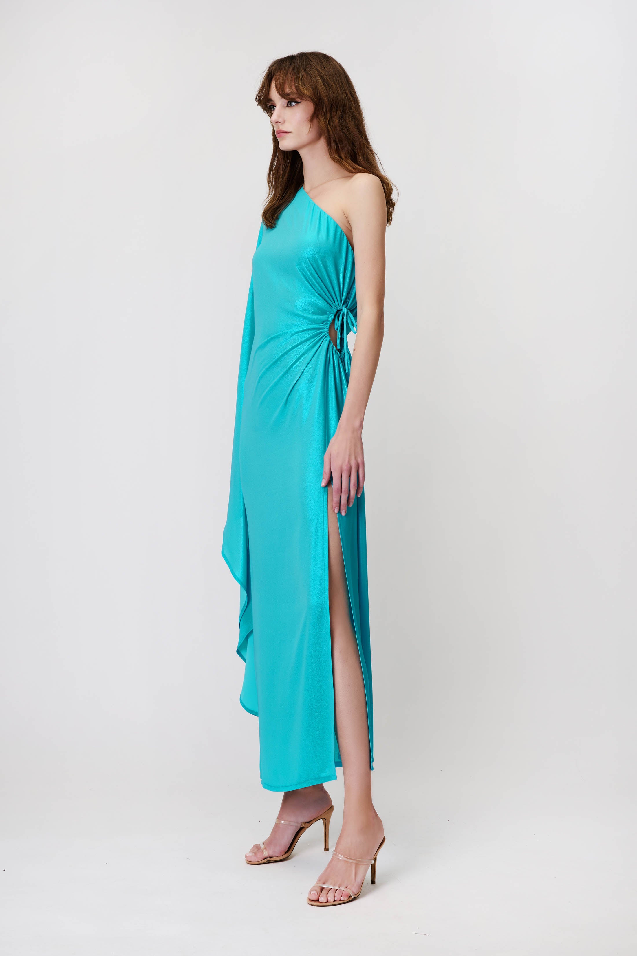 One-Sleeve Dress in Metallic Georgette Turquoise