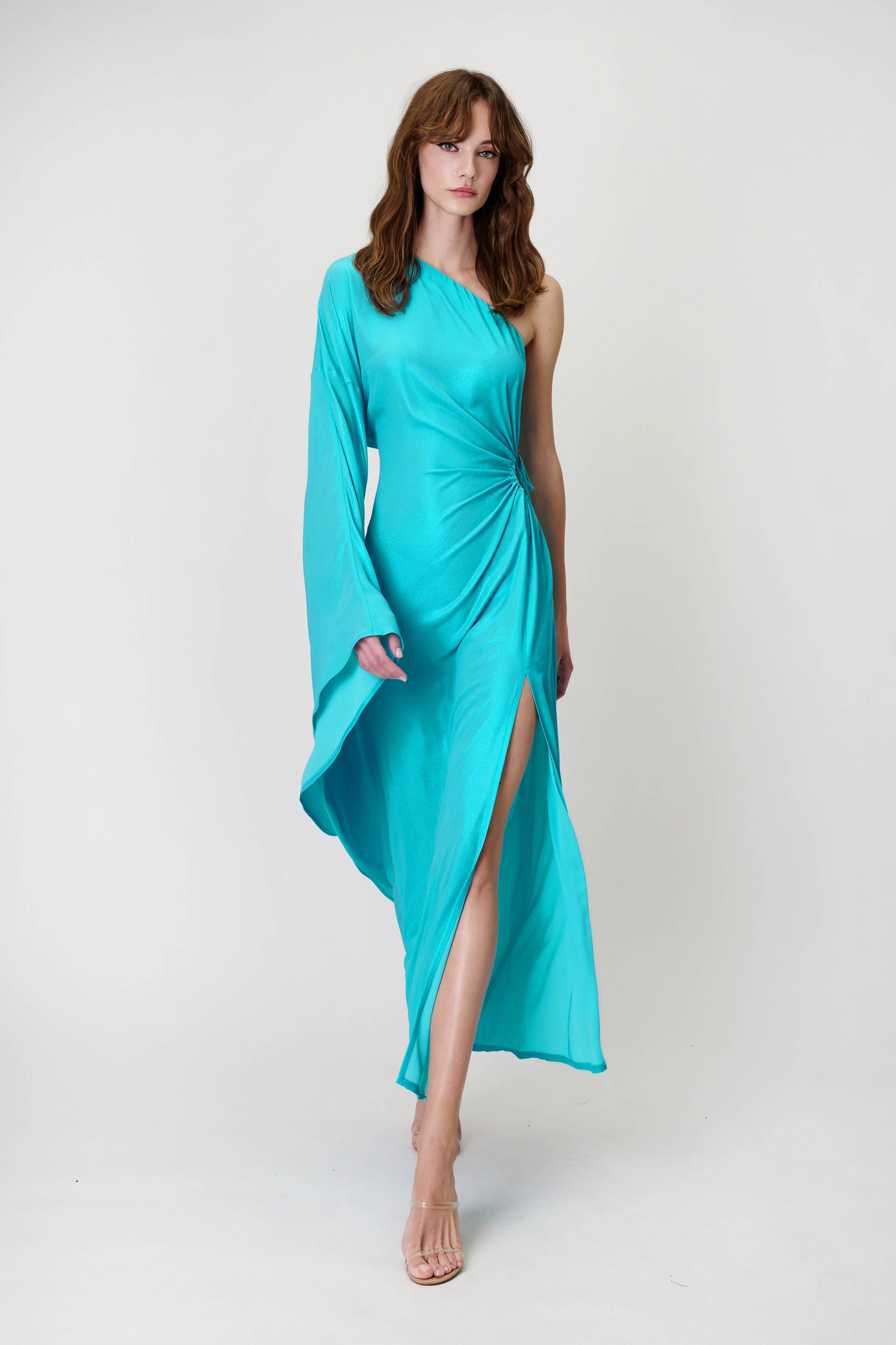 One-Sleeve Dress in Metallic Georgette Turquoise
