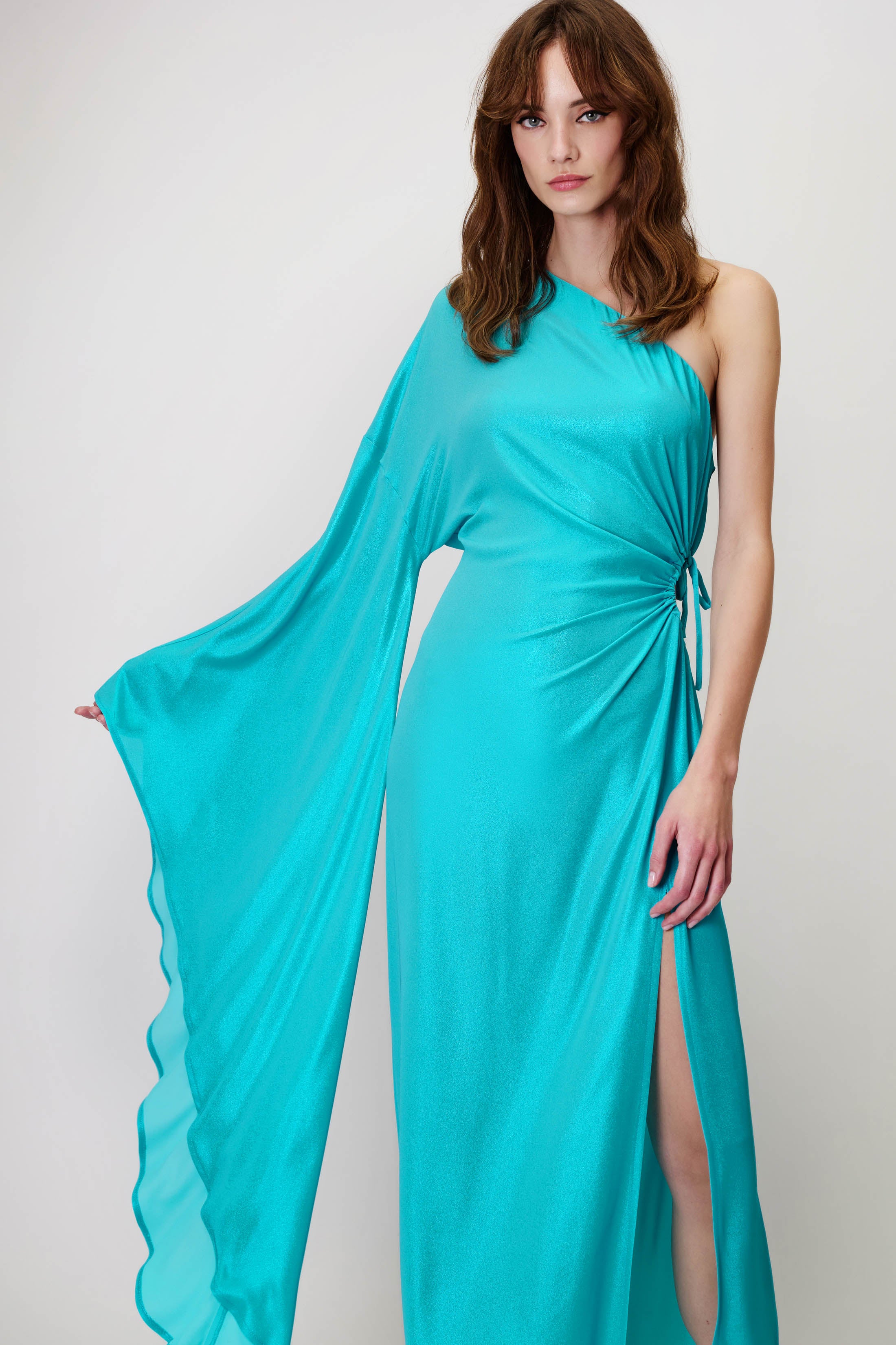 One-Sleeve Dress in Metallic Georgette Turquoise