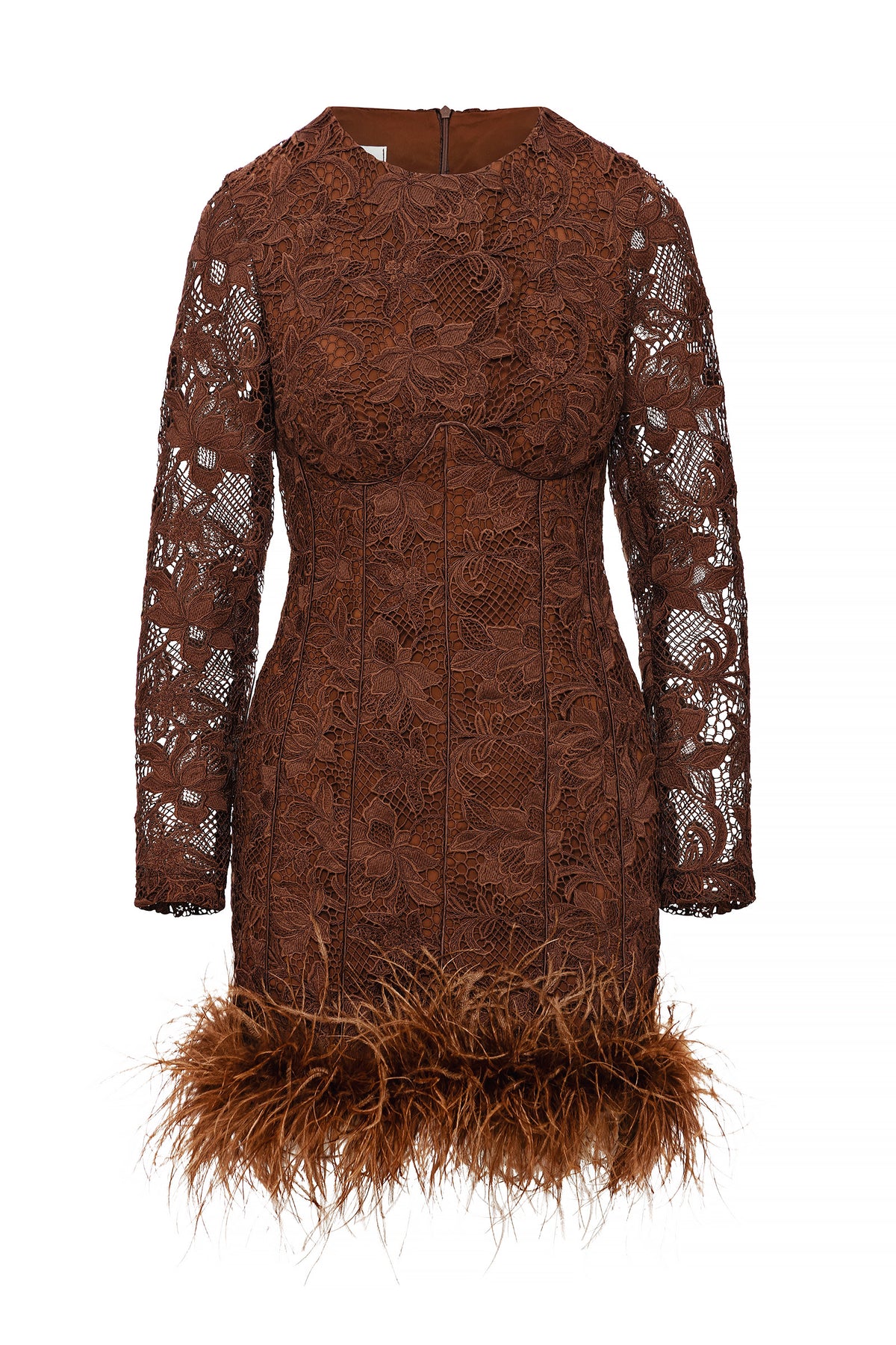 LUISA GUIPURE LACE & FEATHER MINI DRESS