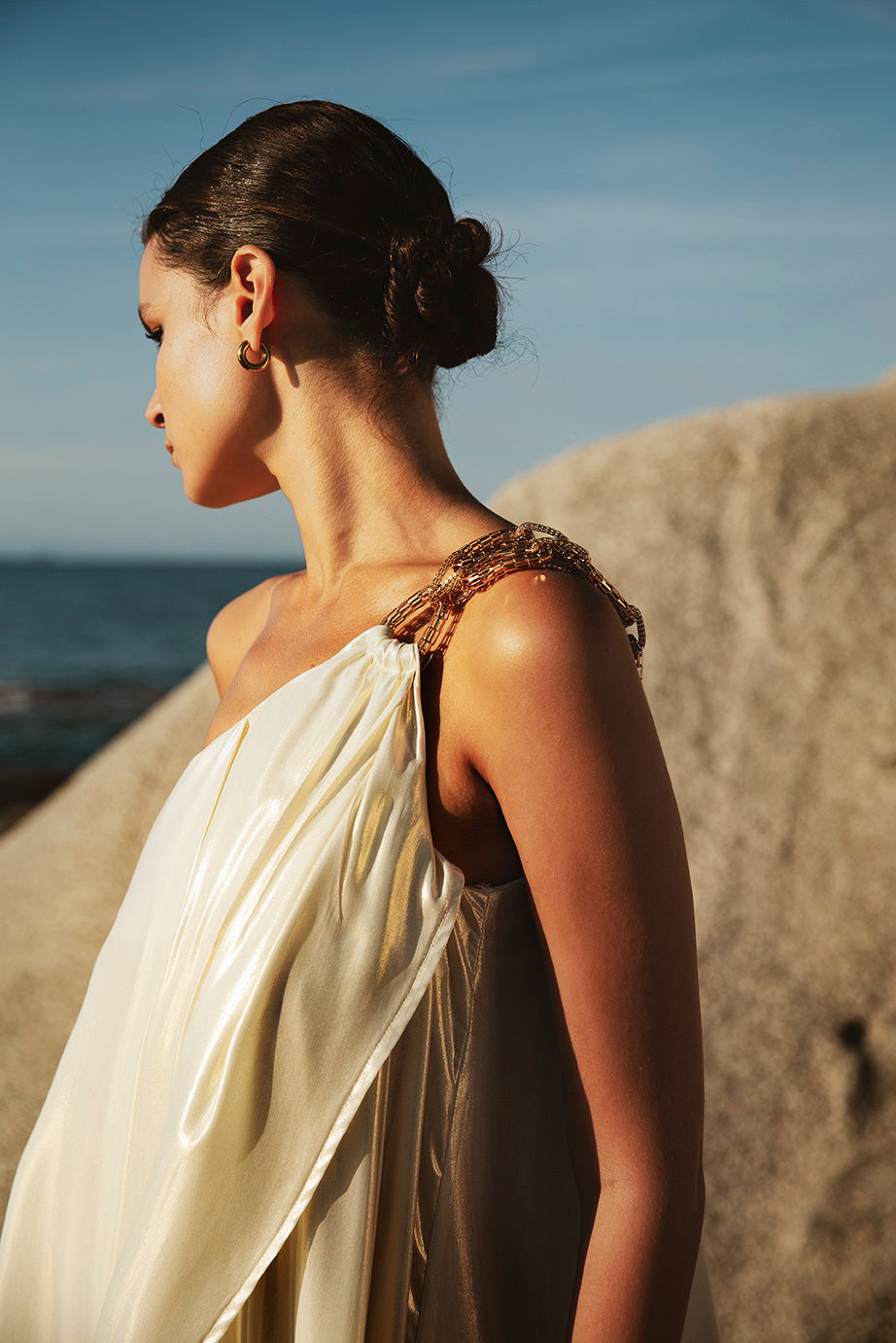 Metallic Georgette Dress with Gold Chain