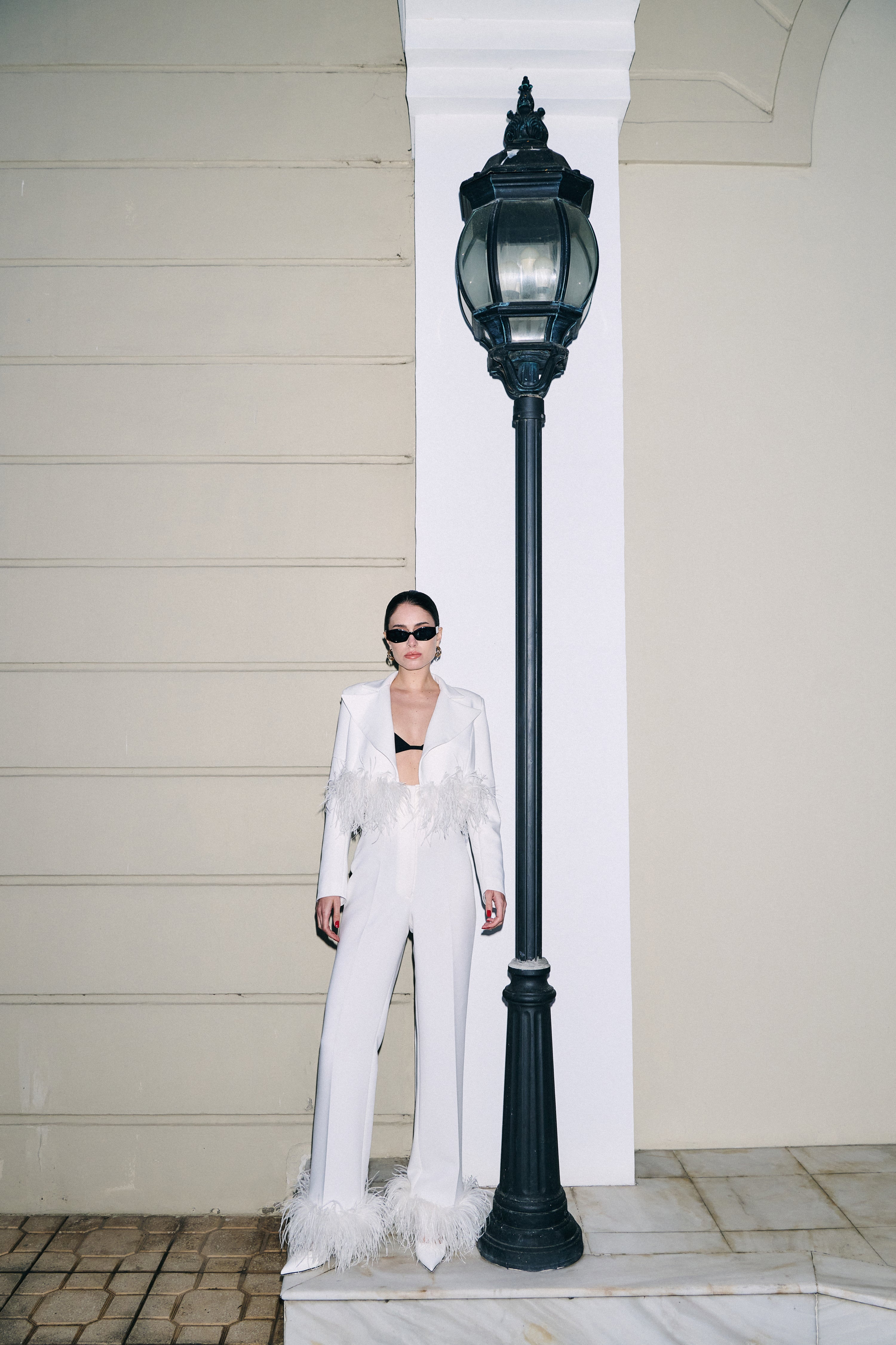 Cropped Blazer with Feathers in White