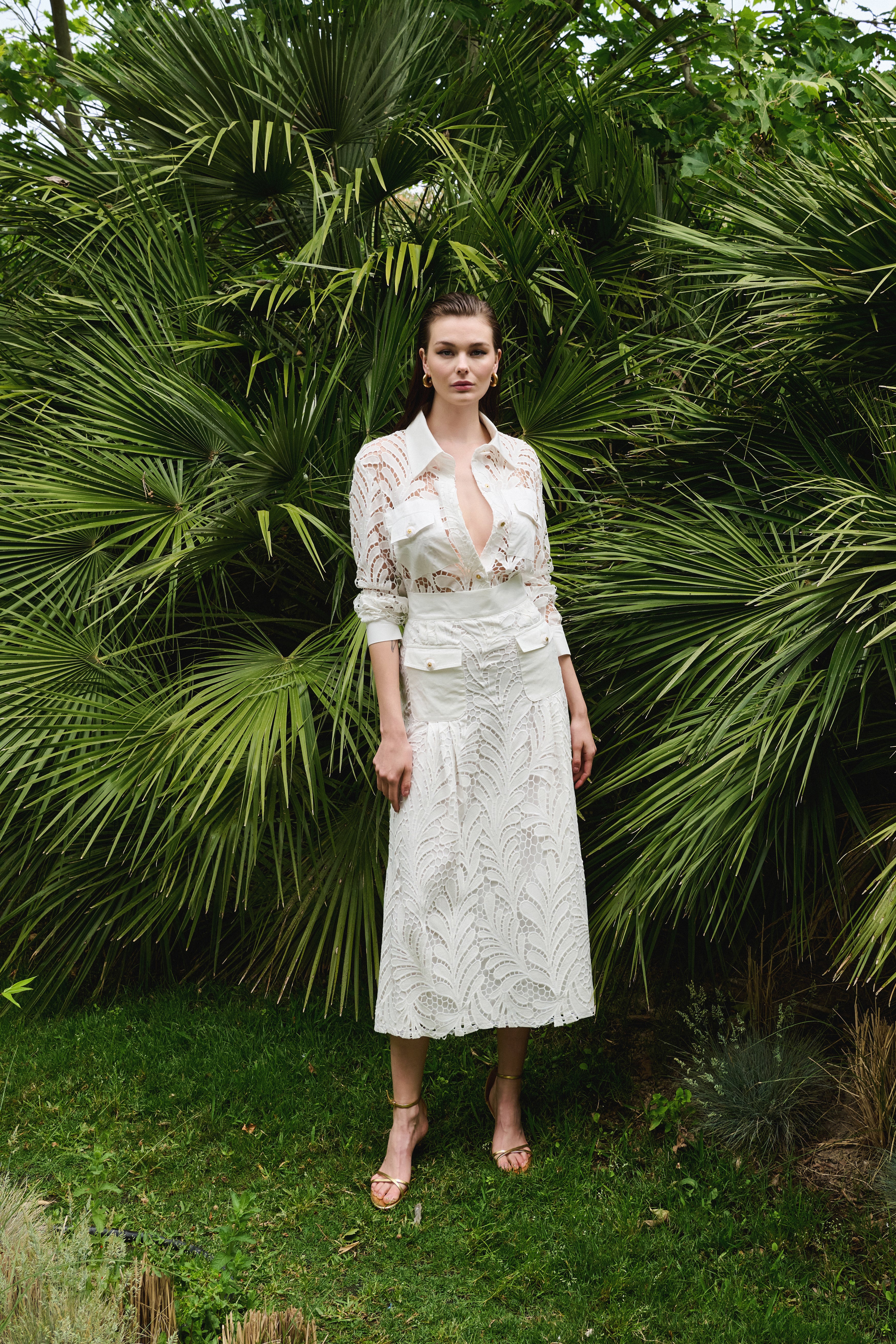 Lace Shirt with Pockets in White