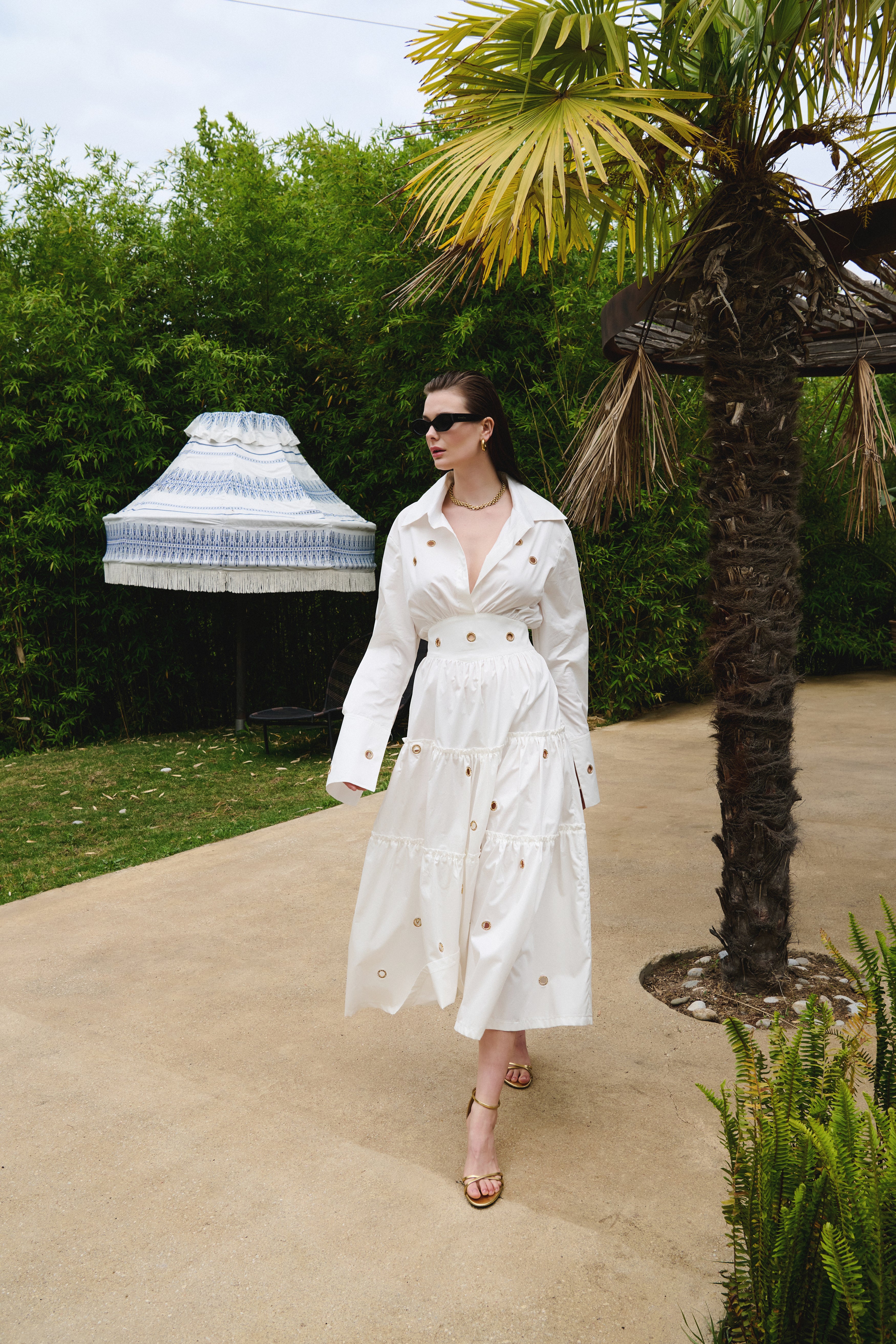 Poplin Maxi Dress with Gold Rings in White