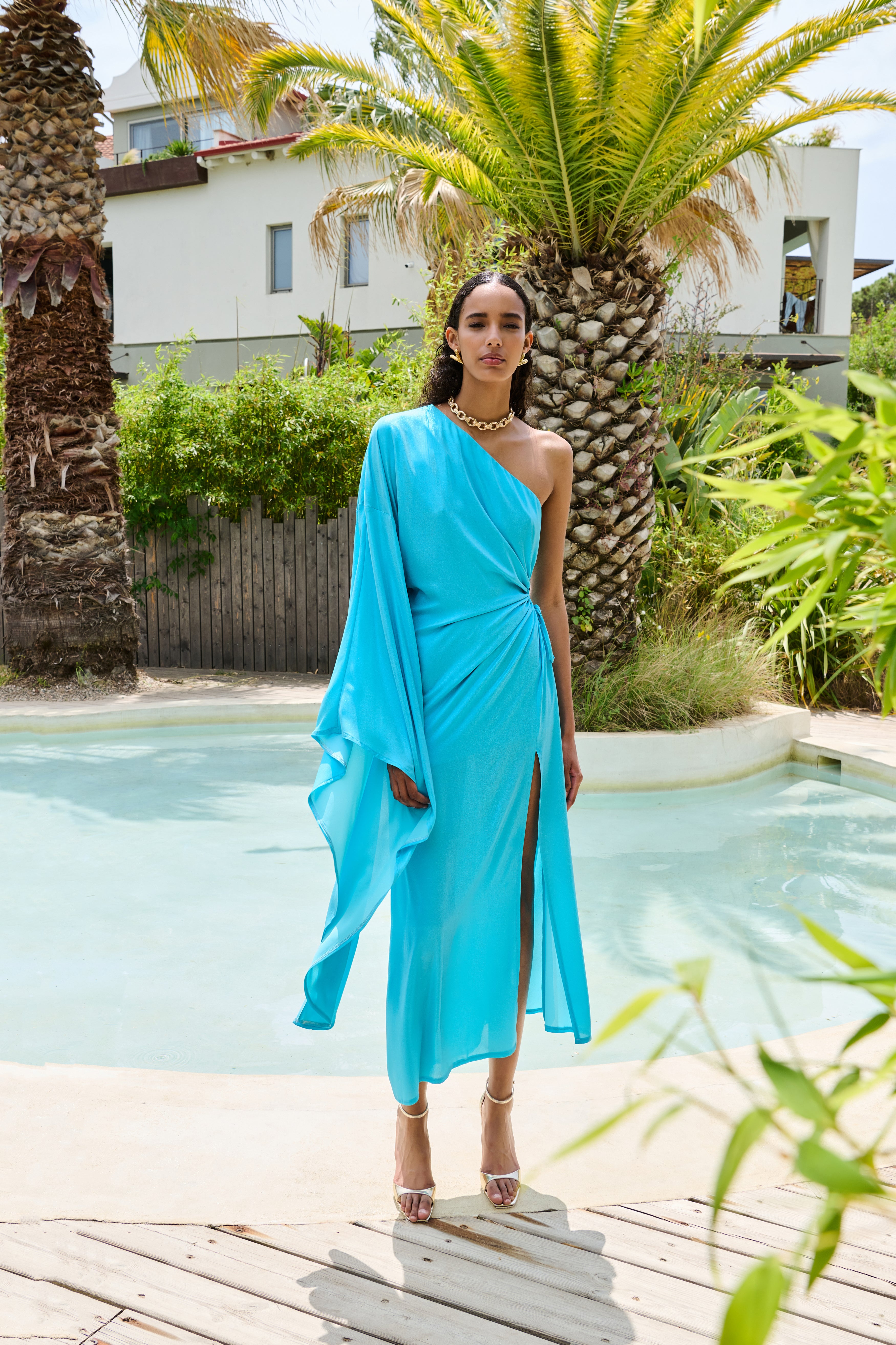 One-Sleeve Dress in Metallic Georgette Turquoise