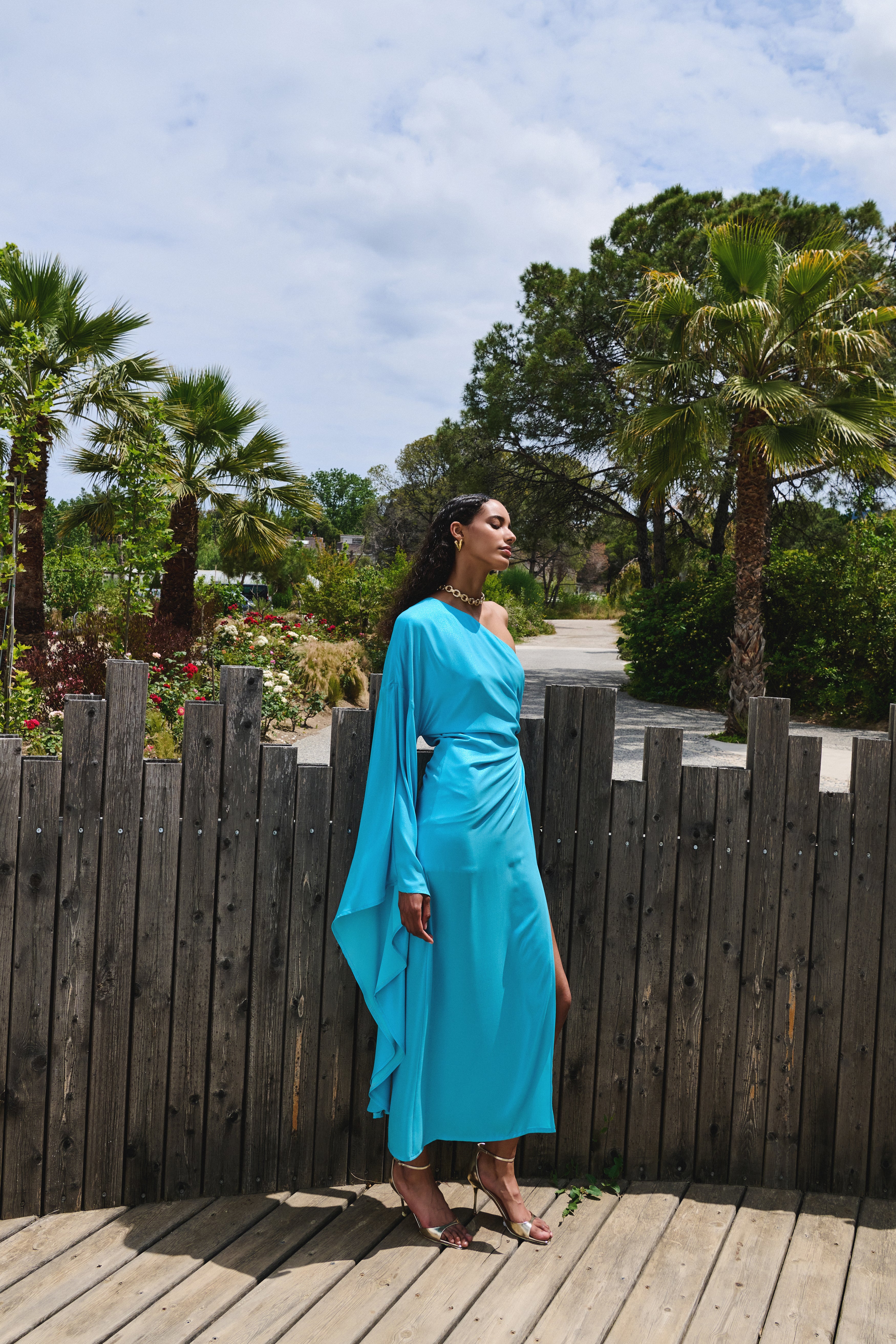 One-Sleeve Dress in Metallic Georgette Turquoise