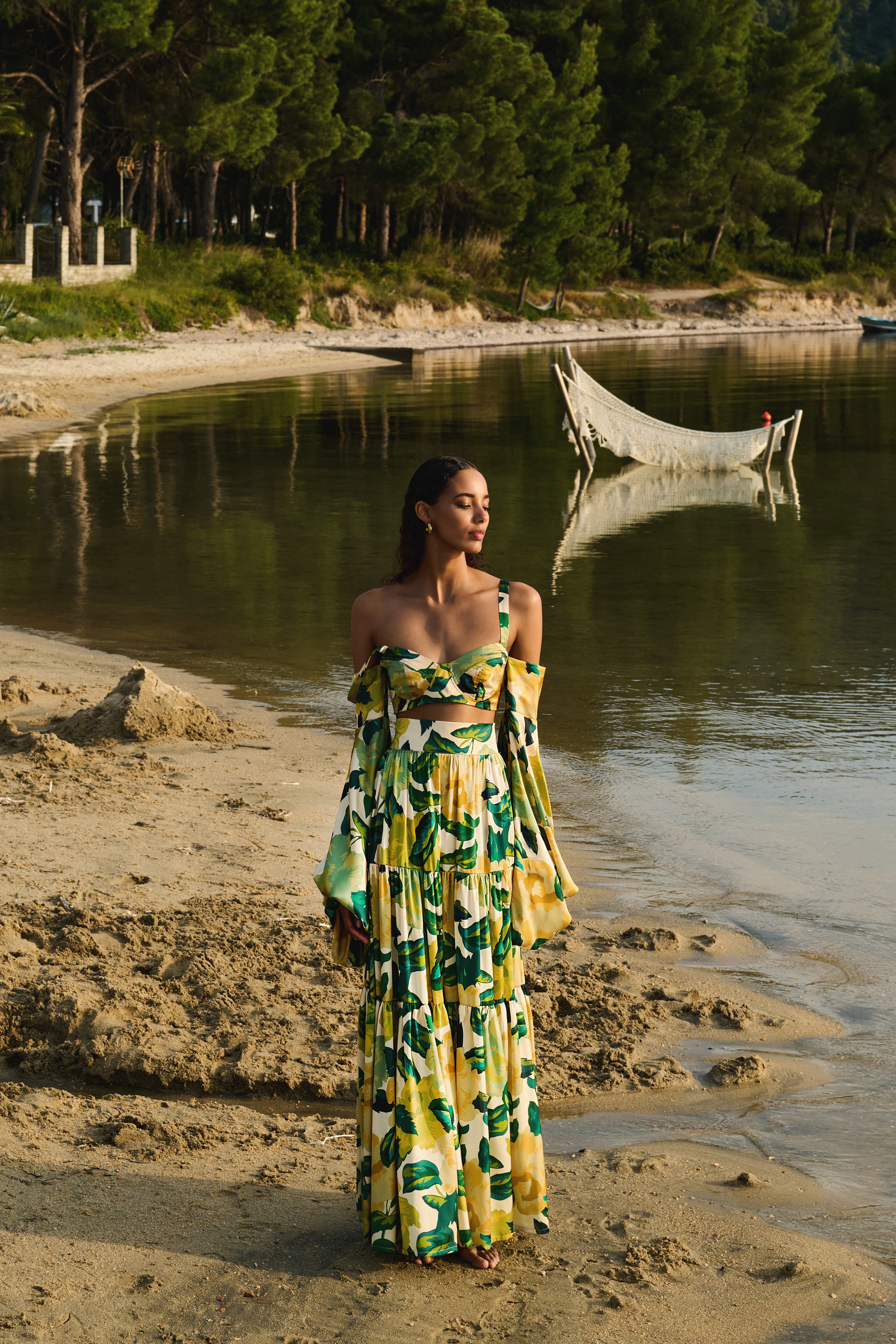 Top & Maxi Skirt Set in Green Floral