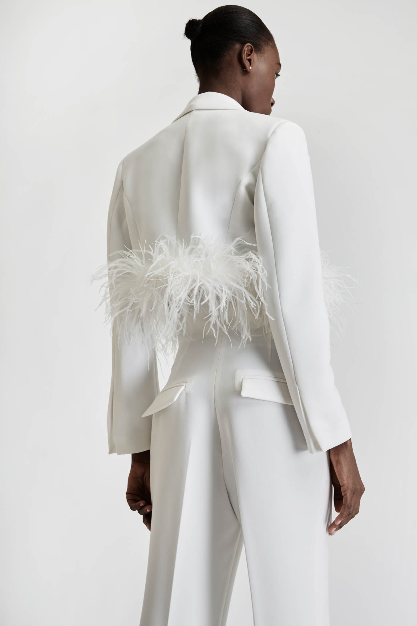 Cropped Blazer with Feathers in White