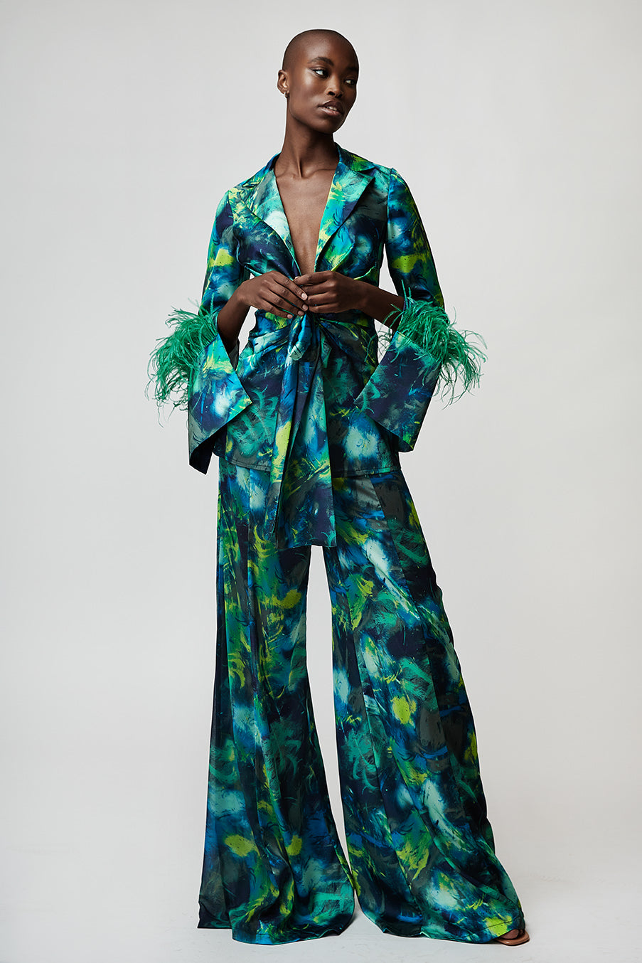 BLAZER WITH FEATHERS IN ABSTRACT BLUE-TONE PRINT SATIN