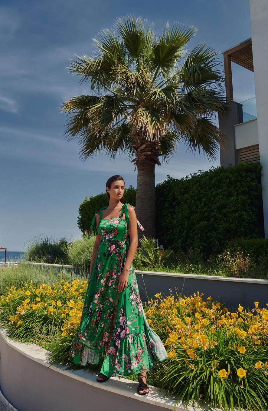 Maxi Dress in Floral Silk Satin