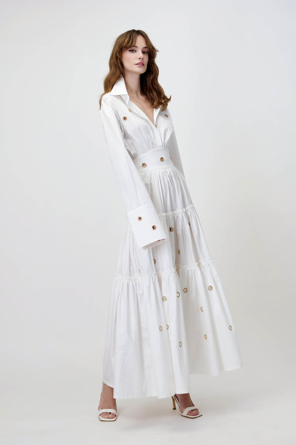 Poplin Maxi Dress with Gold Rings in White