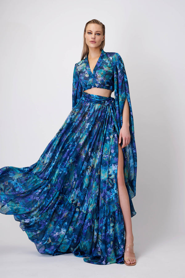 Top & Maxi Skirt Set in Blue Floral