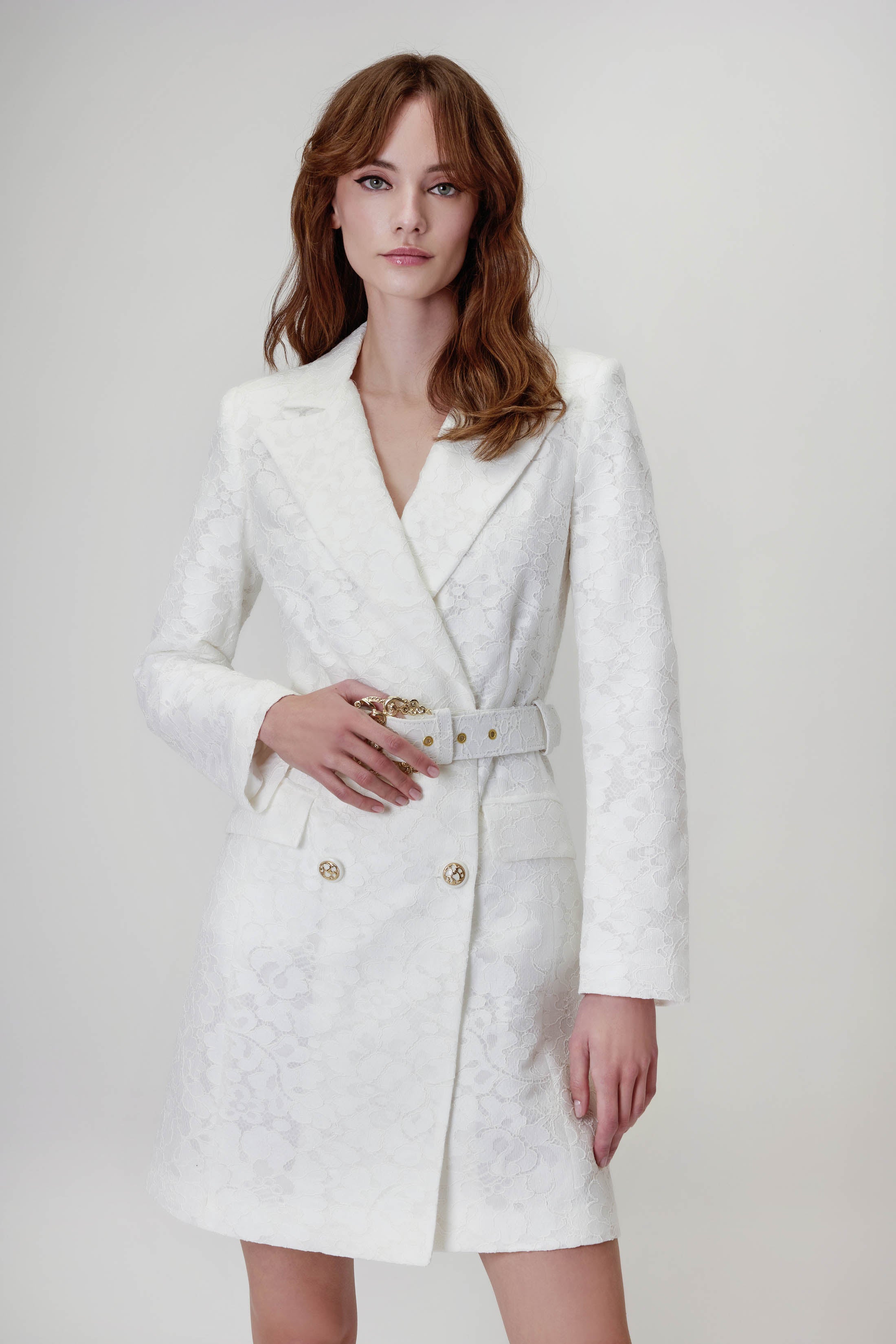 Lace Blazer Dress in White