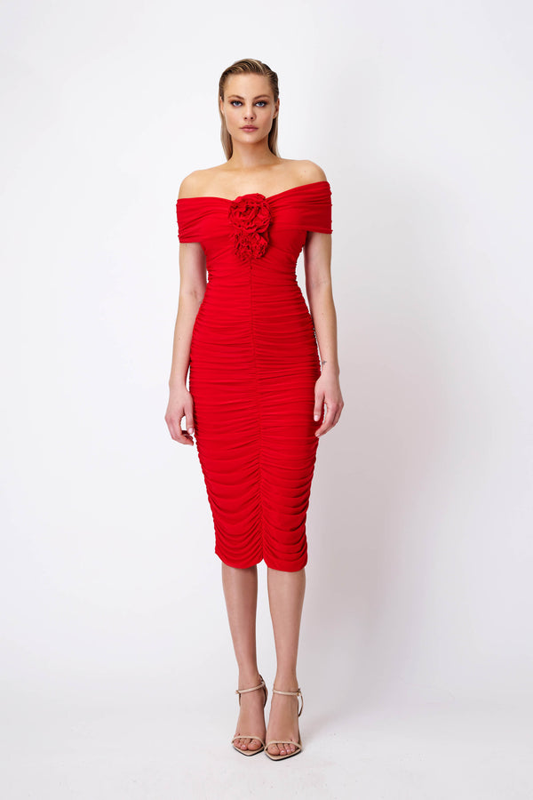 Bardot Dress with Roses in Red
