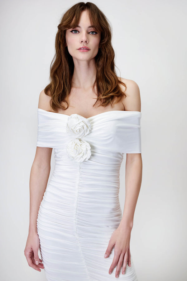 Bardot Dress with Roses in White