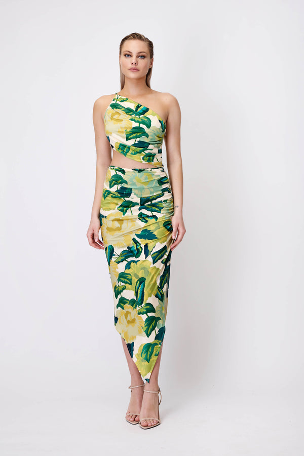 Cut-Out Dress with Folds in Green Floral