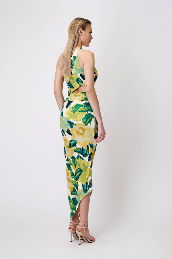 Cut-Out Dress with Folds in Green Floral