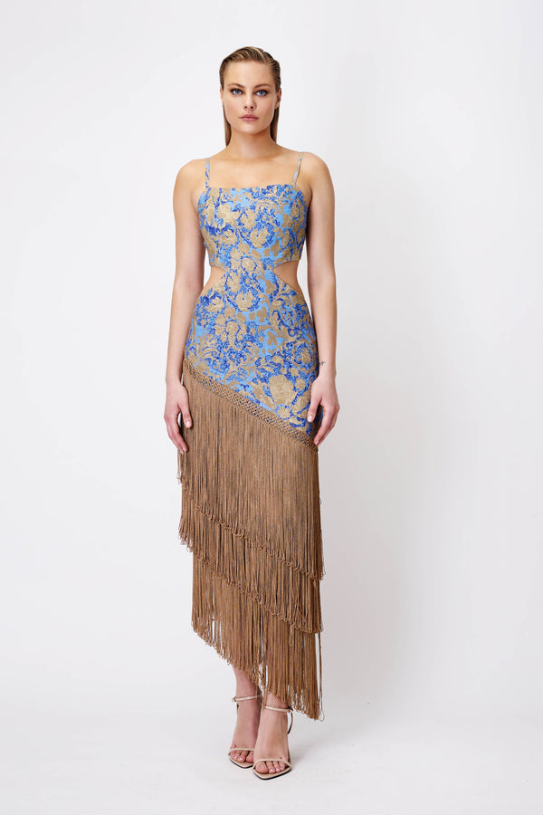 Cut-Out Dress with Fringe in Blue Print