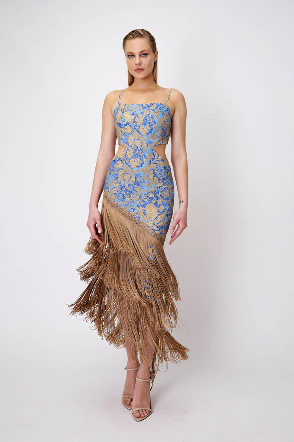 Cut-Out Dress with Fringe in Blue Print