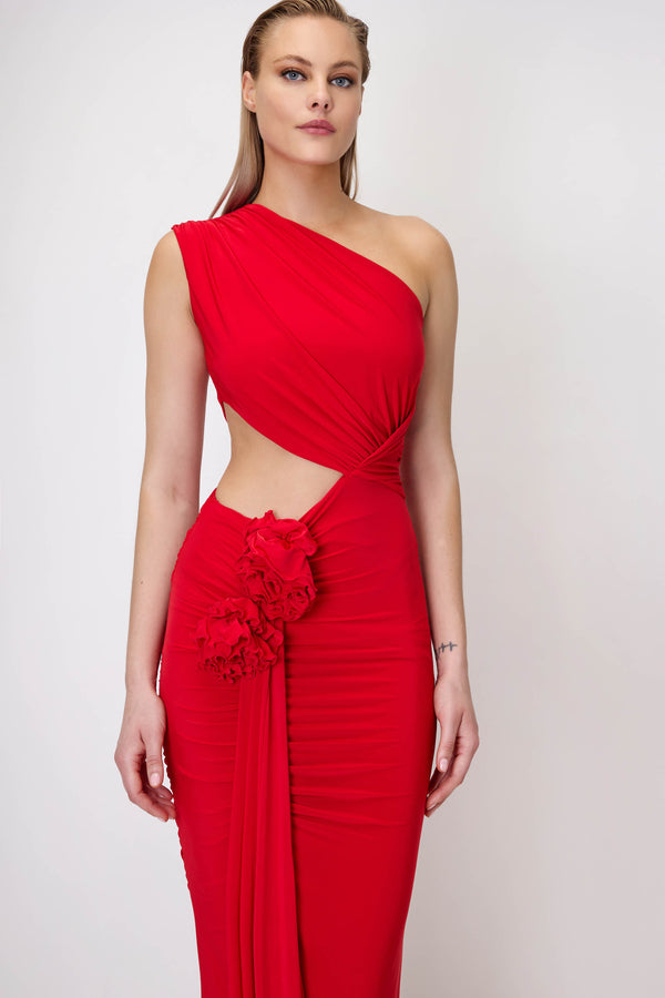 Cut-Out Dress with Roses in Red
