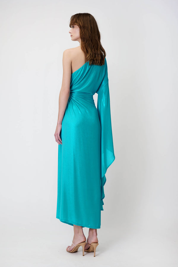 One-Sleeve Dress in Metallic Georgette Turquoise