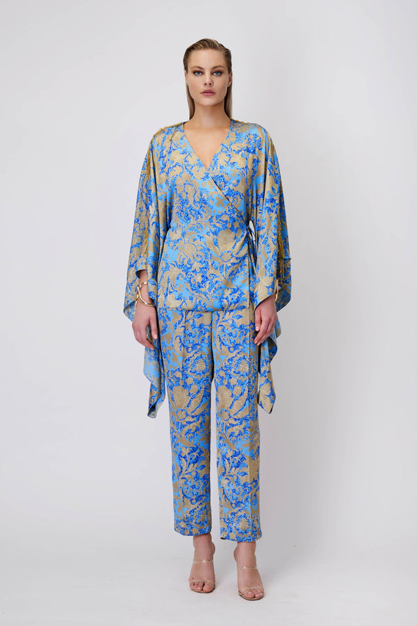 Kimono & Trousers Set with Fringe in Blue Print