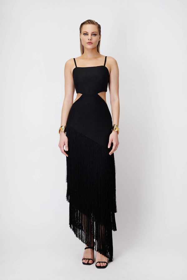 Cut-Out Dress with Fringe in Black