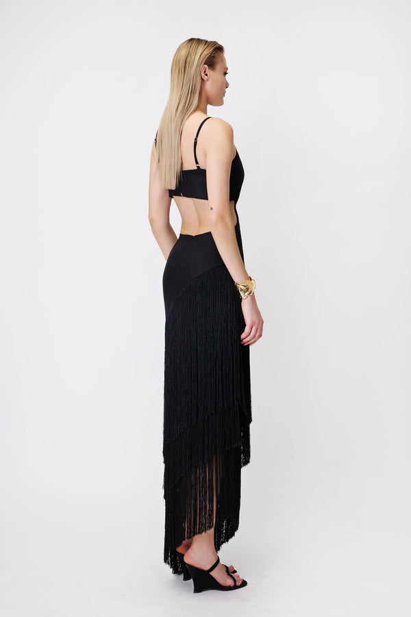 Cut-Out Dress with Fringe in Black