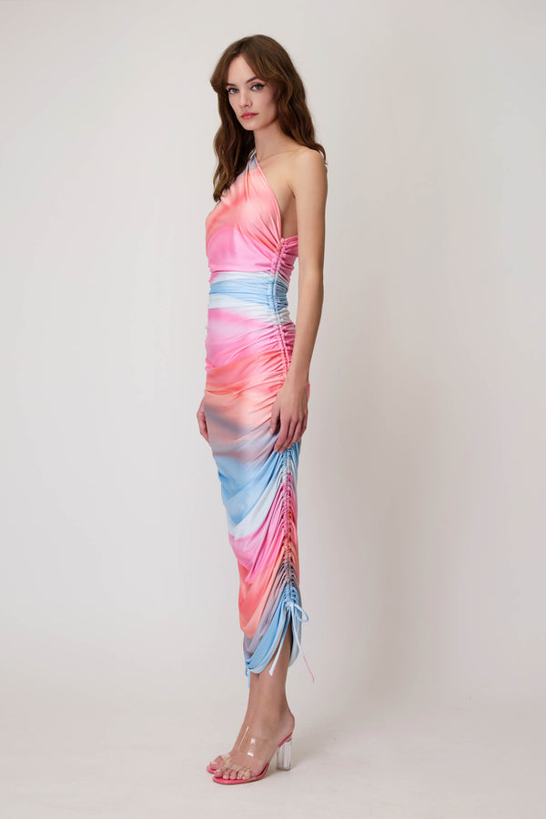 Multicolor Dress with Folds and One-Shoulder