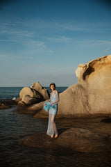Net Dress with Feathers in Light Blue