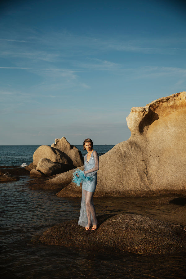 Net Dress with Feathers in Light Blue