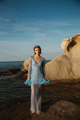 Net Dress with Feathers in Light Blue