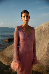 Net Dress with Feathers in Pink
