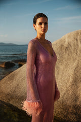 Net Dress with Feathers in Pink