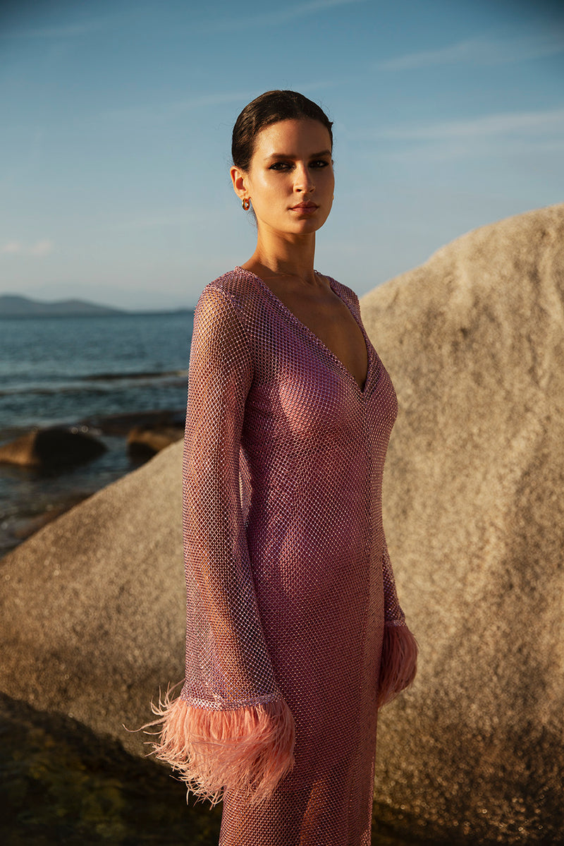 Net Dress with Feathers in Pink