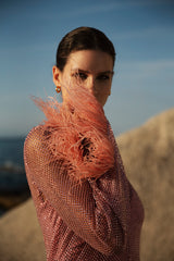 Net Dress with Feathers in Pink
