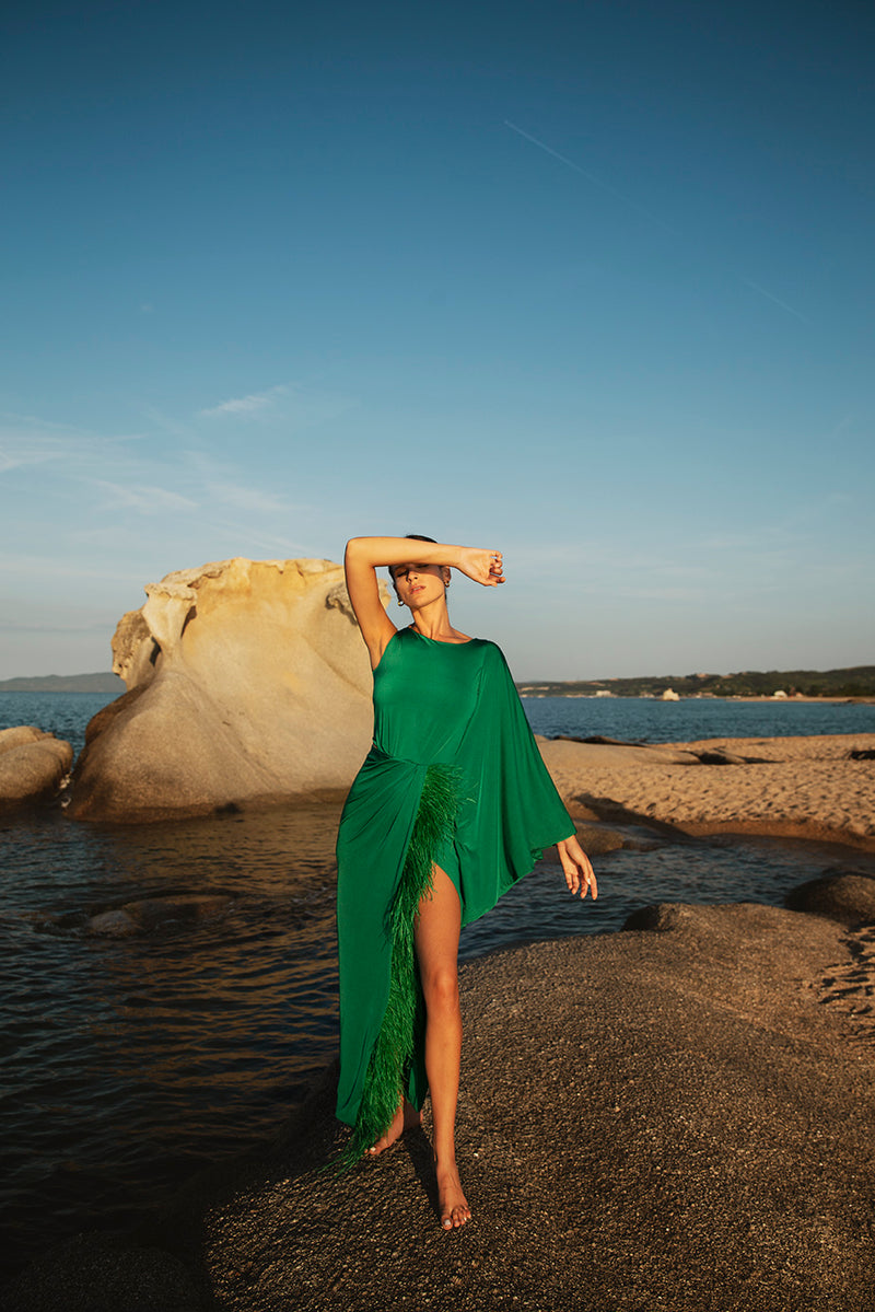 Jersey Dress with Feathers