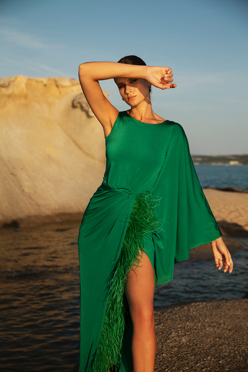 Jersey Dress with Feathers