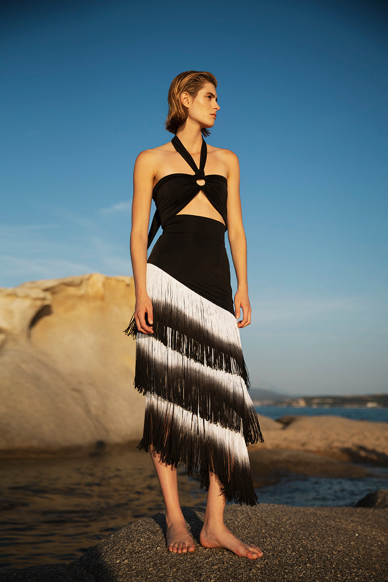 FEMININE TOP AND ASYMMETRIC SKIRT SET WITH DÉGRADÉ FRINGES