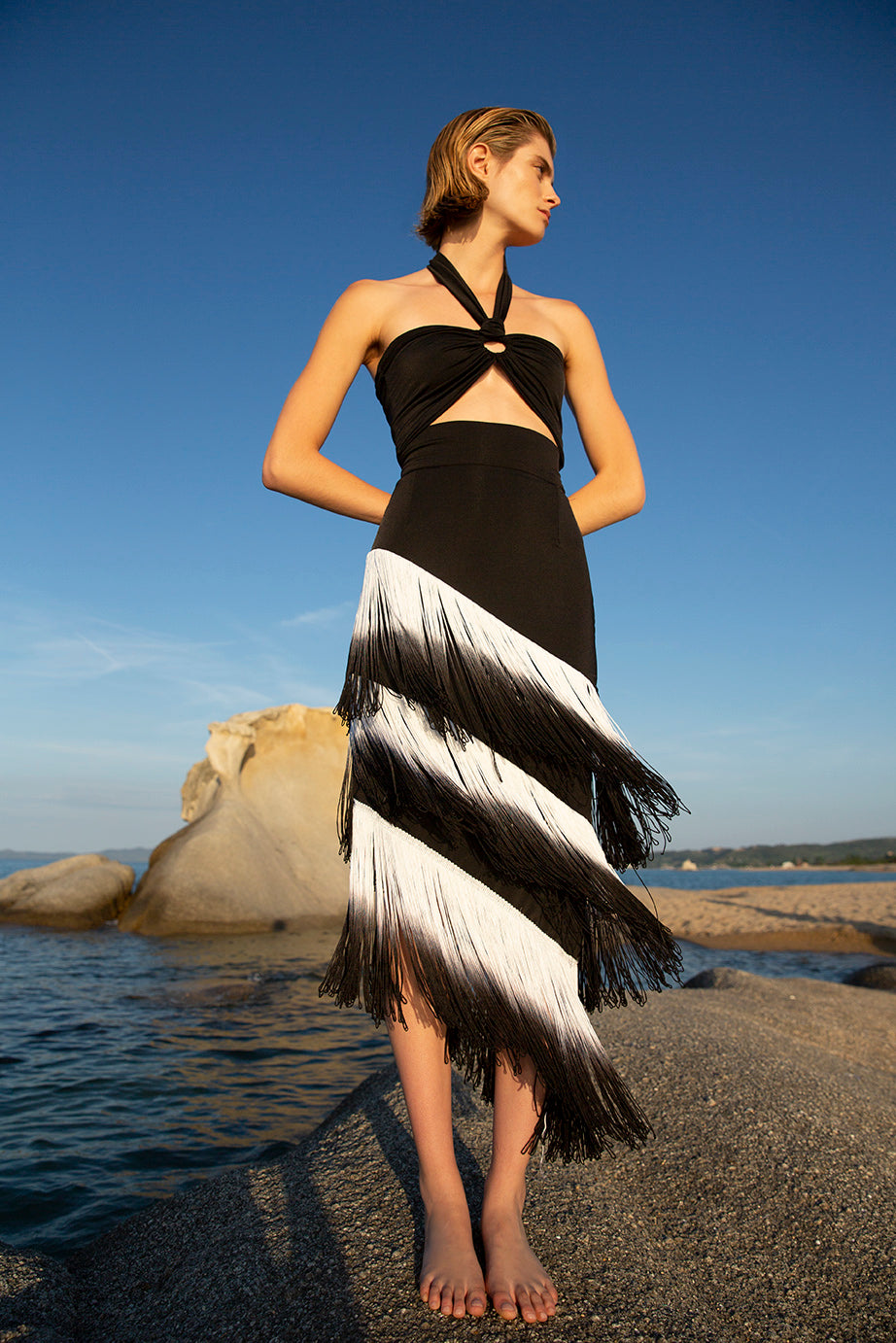 FEMININE TOP AND ASYMMETRIC SKIRT SET WITH DÉGRADÉ FRINGES